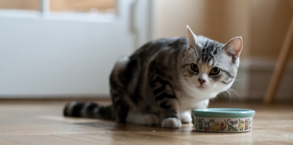 A cat is crouched down over a food bowl