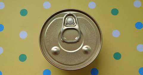 An aerial view showing the top of a can of cat food