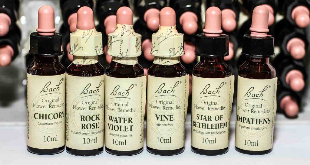 Various liquid Bach Flower remedies in bottles