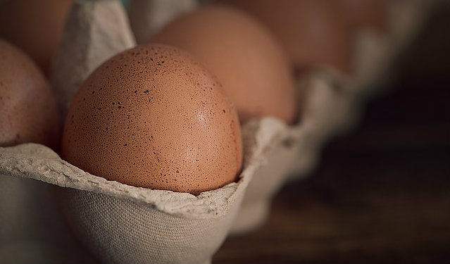 Brown eggs with speckles on top sitting in a cardboard carton