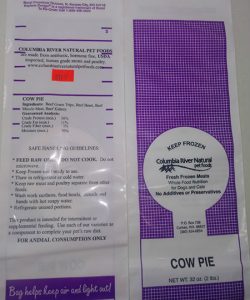 A bag of cow pie fresh frozen meat by Columbia River Natural Pet Foods Inc.