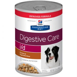 A 12.5 oz can of Hill's Prescription Diet Digestive Care Chicken & Vegetable Stew canned dog food