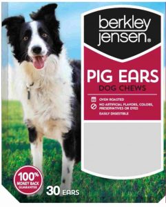 Front package of Berkley & Jensen pig ears dog chews