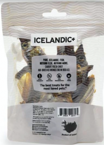 Back of the package of the IcelandicPlus Whole Capelin Fish Pet Treats for dogs