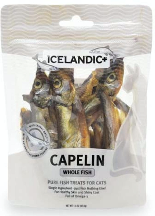 Front package of the IcelandicPlus Whole Capelin Fish Pet Treats for cats
