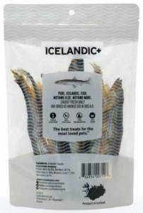 Back of the package of the IcelandicPlus Whole Capelin Fish Pet Treats for cats