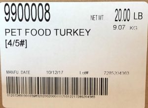 Raws for Paws Turkey Pet Food label with lot number 7285204363
