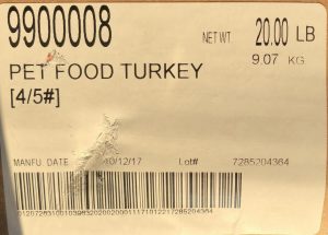 Raws for Paws Turkey Pet Food label with lot number 7285204364