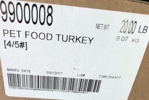 Raws for Paws Turkey Pet Food label with lot number 7285204377