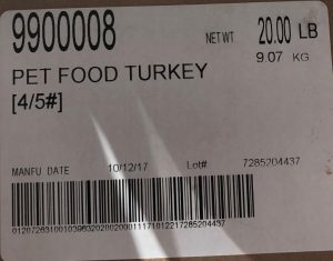 Raws for Paws Turkey Pet Food label with lot number 7285204437