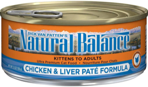 Natural Balance ultra premium chicken and liver paté formula cat food can front label