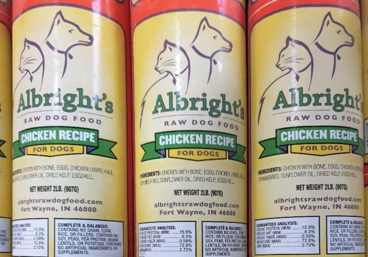 Albright’s Raw Dog Food Chicken Recipe for Dogs packaging label