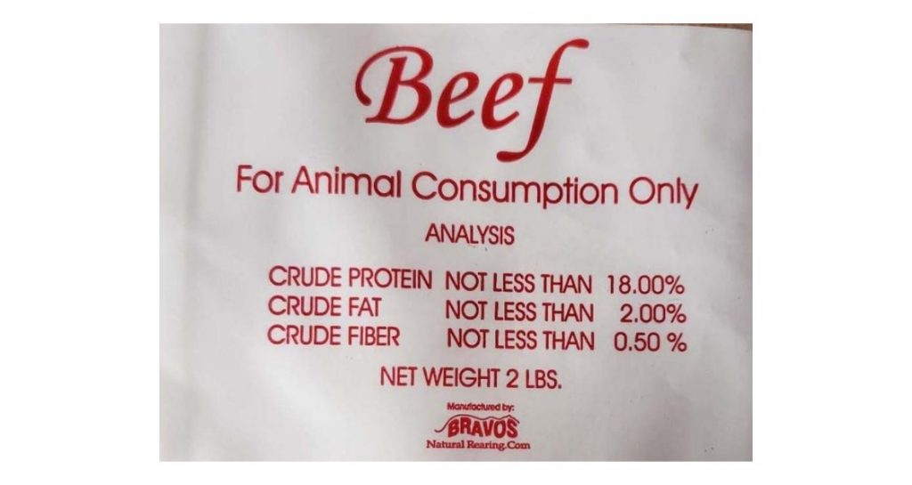 Bravo Packing, Inc. Ground Beef frozen raw dog food packaging label with ingredients list
