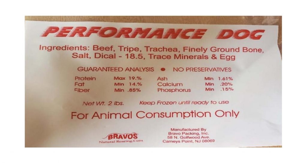 Bravo Packing, Inc. Performance Dog frozen raw dog food label with ingredients list