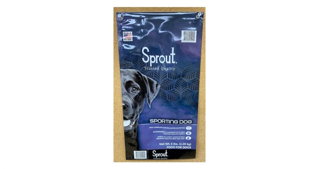 Front package of the Sprout Sporting dry dog food bag