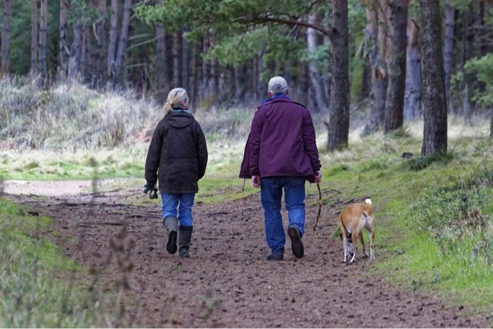 A man and woman are walking their dog on a trail