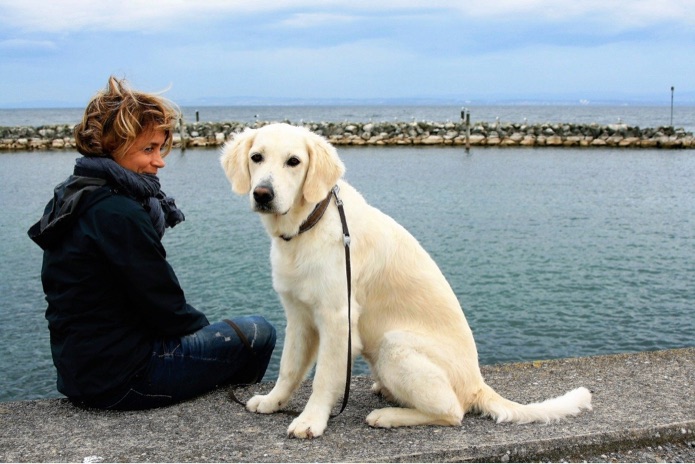 A woman and golden retriever sit together near a body of water