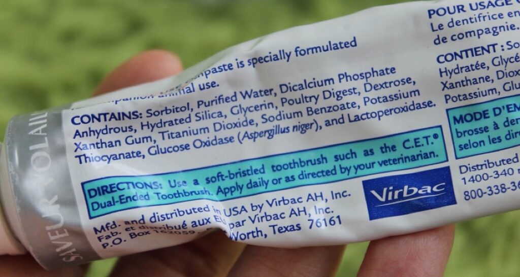 The back label of a pet toothpaste tube with a list of ingredients