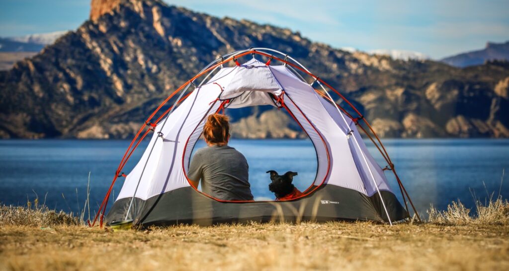 A dog is in a camping tent with a woman