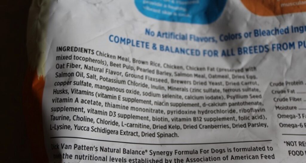 Ingredients list on the back label of a pet product
