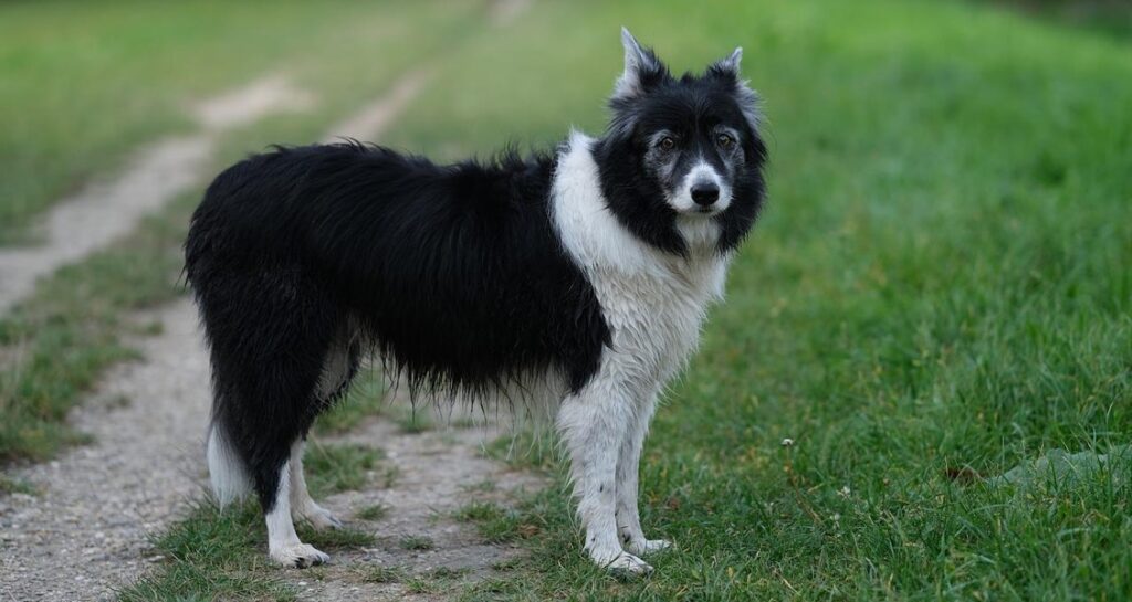 A black and white border collie is standing outside in the grass