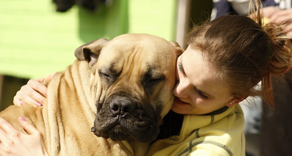 A young woman is hugging a dog