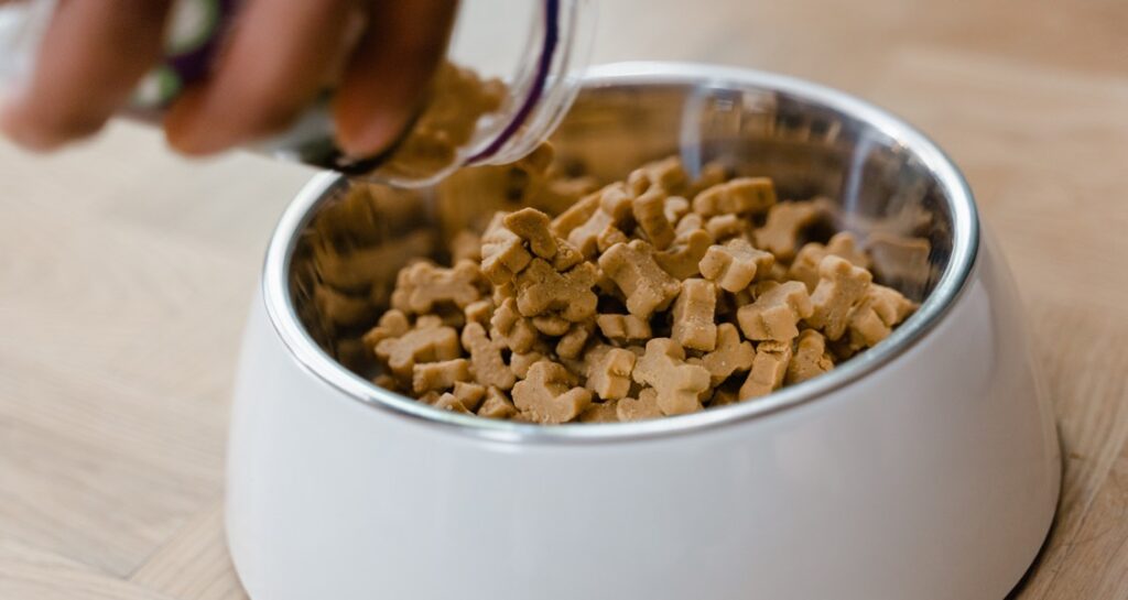 Dog food is being poured into a white bowl