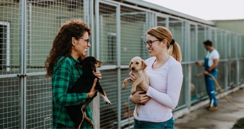 Two women holding puppies outside