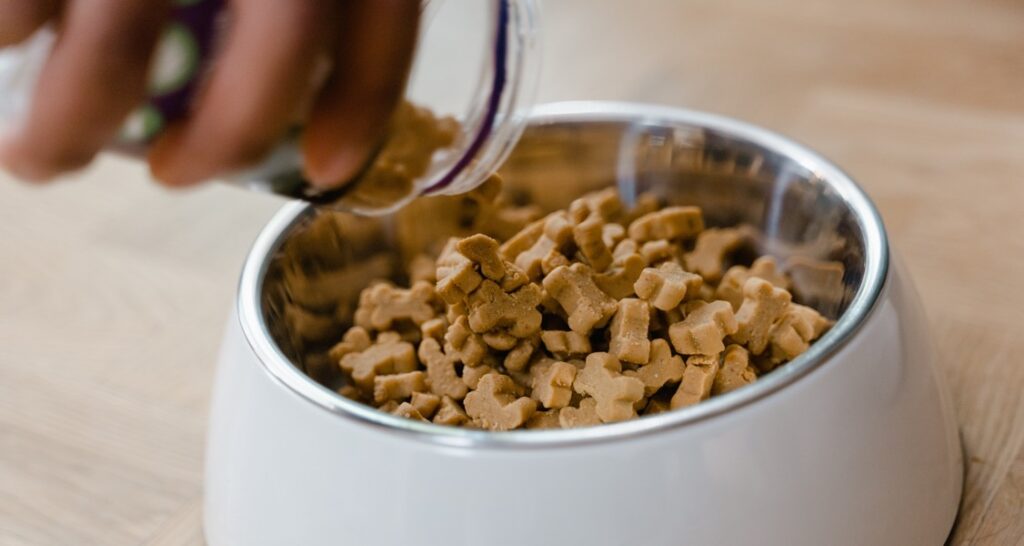 Dog food being poured into a white bowl