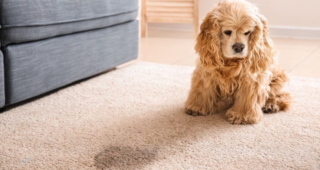 A dog is sitting on a soiled carpet