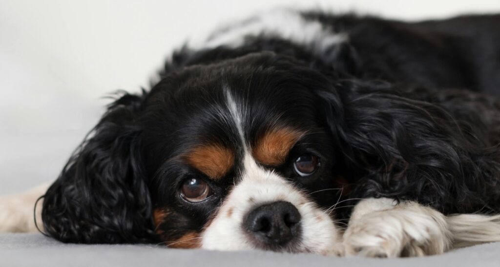 King Charles Spaniel lying on a bed
